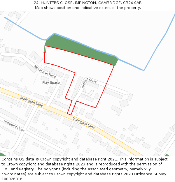 24, HUNTERS CLOSE, IMPINGTON, CAMBRIDGE, CB24 9AR: Location map and indicative extent of plot