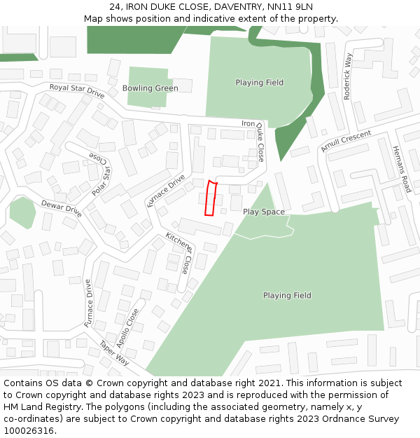24, IRON DUKE CLOSE, DAVENTRY, NN11 9LN: Location map and indicative extent of plot