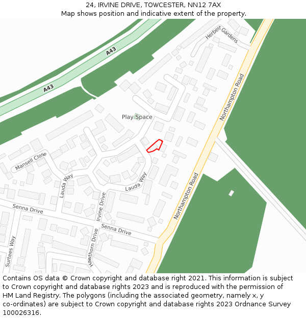 24, IRVINE DRIVE, TOWCESTER, NN12 7AX: Location map and indicative extent of plot