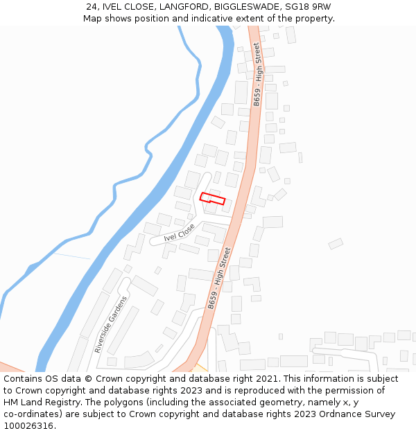 24, IVEL CLOSE, LANGFORD, BIGGLESWADE, SG18 9RW: Location map and indicative extent of plot