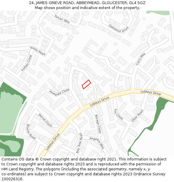 24, JAMES GRIEVE ROAD, ABBEYMEAD, GLOUCESTER, GL4 5GZ: Location map and indicative extent of plot