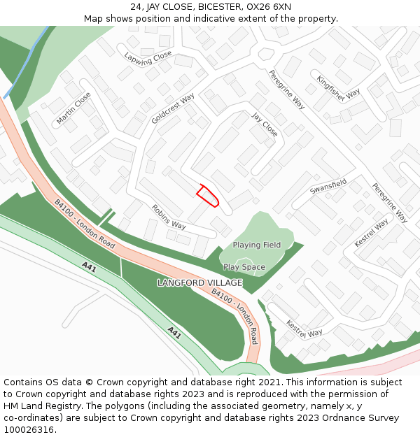24, JAY CLOSE, BICESTER, OX26 6XN: Location map and indicative extent of plot