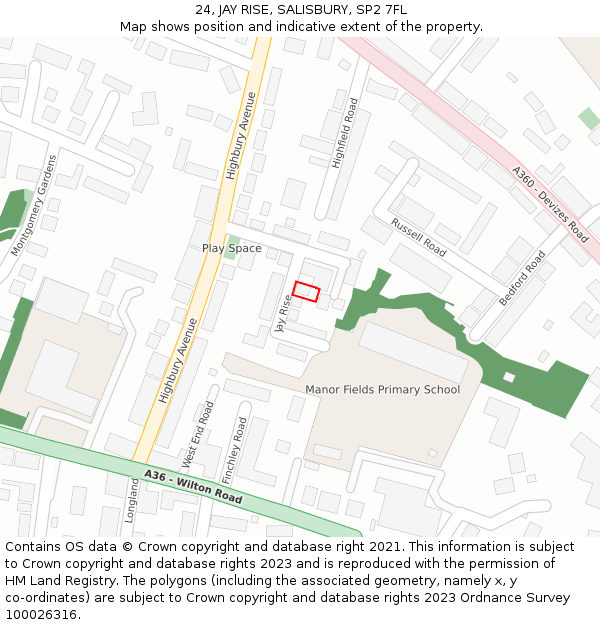 24, JAY RISE, SALISBURY, SP2 7FL: Location map and indicative extent of plot