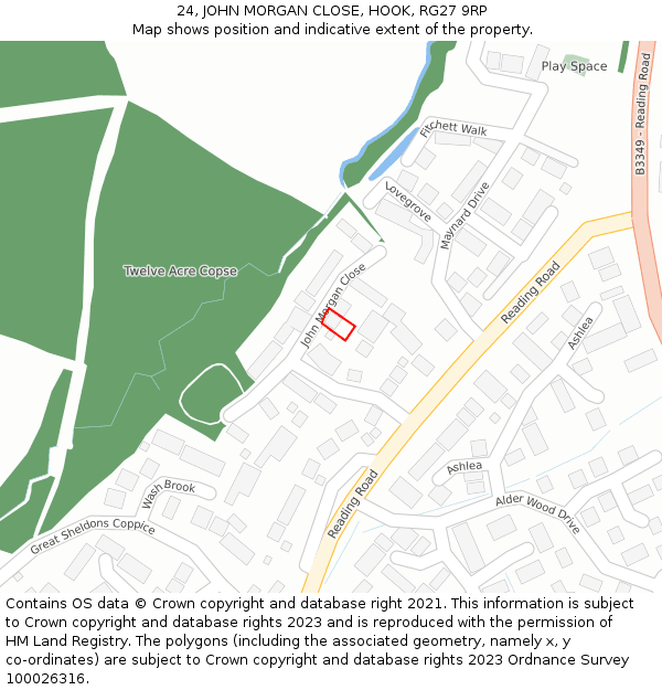 24, JOHN MORGAN CLOSE, HOOK, RG27 9RP: Location map and indicative extent of plot