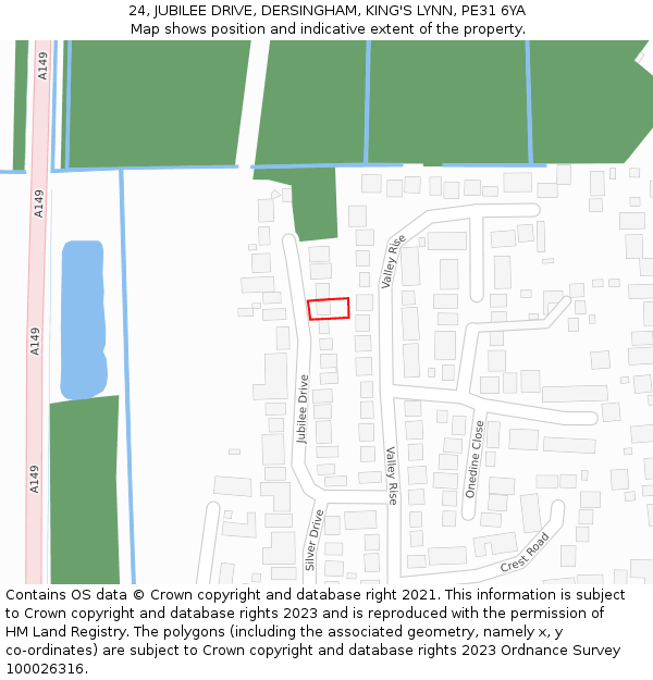 24, JUBILEE DRIVE, DERSINGHAM, KING'S LYNN, PE31 6YA: Location map and indicative extent of plot