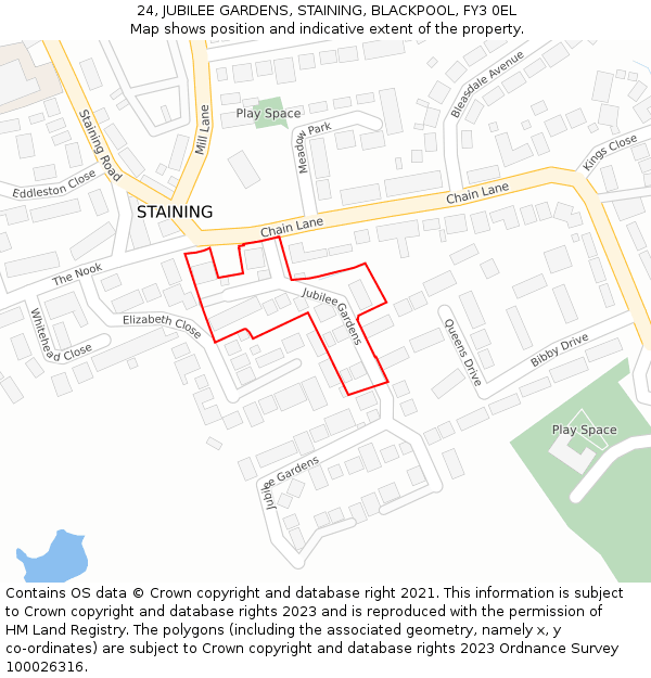 24, JUBILEE GARDENS, STAINING, BLACKPOOL, FY3 0EL: Location map and indicative extent of plot