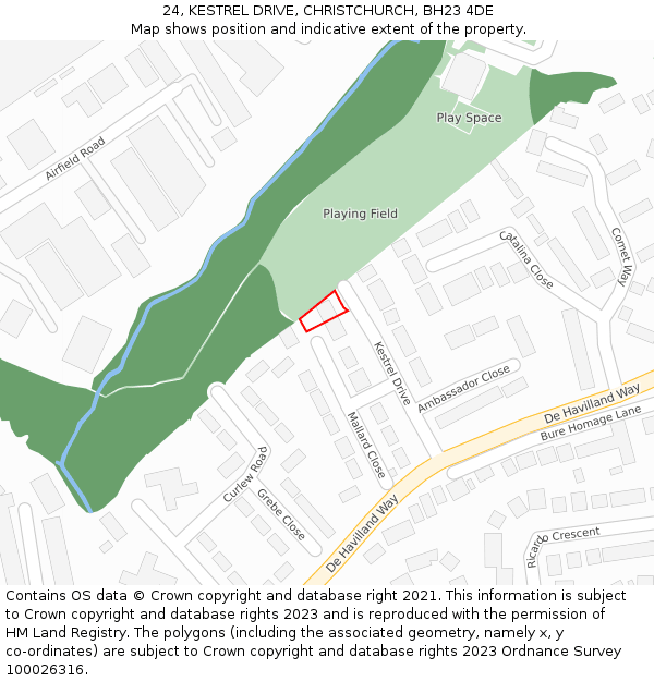 24, KESTREL DRIVE, CHRISTCHURCH, BH23 4DE: Location map and indicative extent of plot