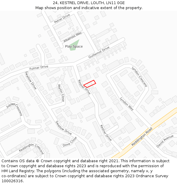 24, KESTREL DRIVE, LOUTH, LN11 0GE: Location map and indicative extent of plot