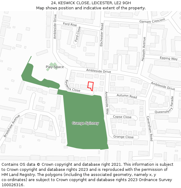 24, KESWICK CLOSE, LEICESTER, LE2 9GH: Location map and indicative extent of plot