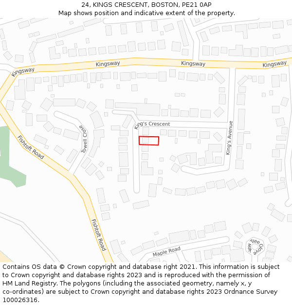 24, KINGS CRESCENT, BOSTON, PE21 0AP: Location map and indicative extent of plot