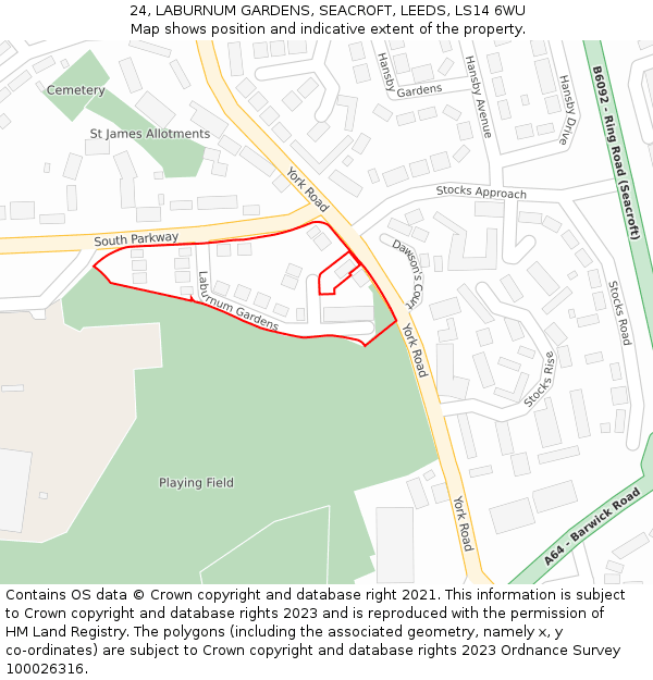 24, LABURNUM GARDENS, SEACROFT, LEEDS, LS14 6WU: Location map and indicative extent of plot