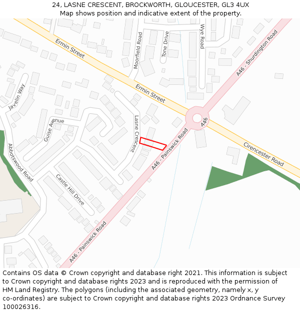 24, LASNE CRESCENT, BROCKWORTH, GLOUCESTER, GL3 4UX: Location map and indicative extent of plot