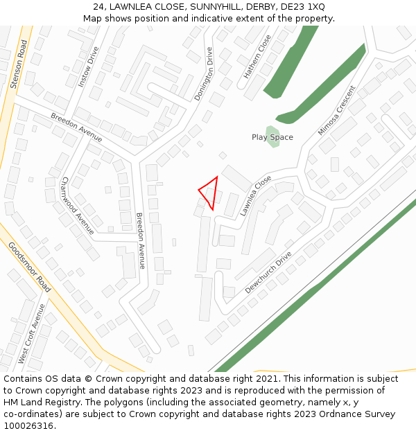 24, LAWNLEA CLOSE, SUNNYHILL, DERBY, DE23 1XQ: Location map and indicative extent of plot