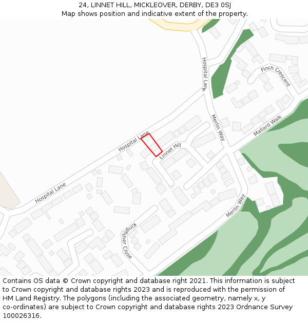 24, LINNET HILL, MICKLEOVER, DERBY, DE3 0SJ: Location map and indicative extent of plot