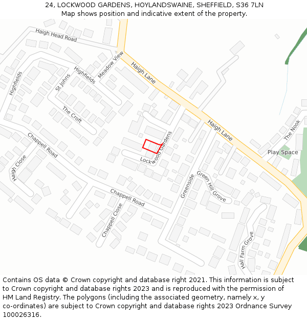 24, LOCKWOOD GARDENS, HOYLANDSWAINE, SHEFFIELD, S36 7LN: Location map and indicative extent of plot