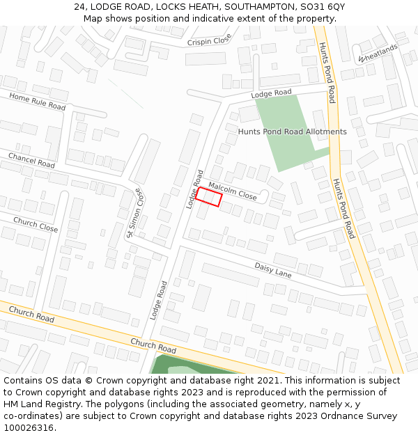 24, LODGE ROAD, LOCKS HEATH, SOUTHAMPTON, SO31 6QY: Location map and indicative extent of plot