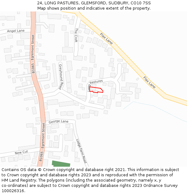 24, LONG PASTURES, GLEMSFORD, SUDBURY, CO10 7SS: Location map and indicative extent of plot