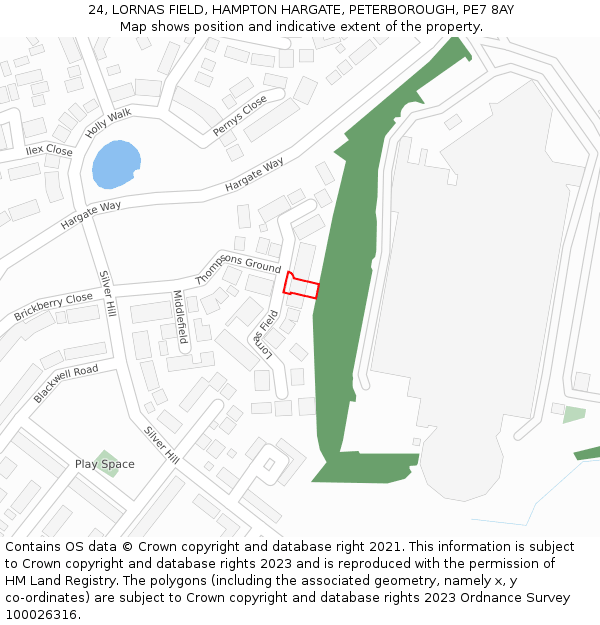 24, LORNAS FIELD, HAMPTON HARGATE, PETERBOROUGH, PE7 8AY: Location map and indicative extent of plot