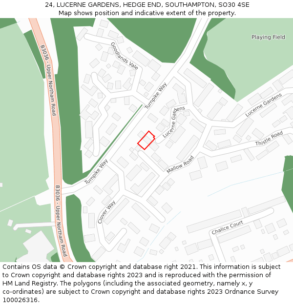 24, LUCERNE GARDENS, HEDGE END, SOUTHAMPTON, SO30 4SE: Location map and indicative extent of plot