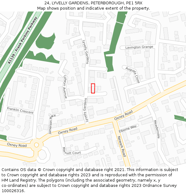 24, LYVELLY GARDENS, PETERBOROUGH, PE1 5RX: Location map and indicative extent of plot