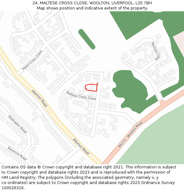24, MALTESE CROSS CLOSE, WOOLTON, LIVERPOOL, L25 7BH: Location map and indicative extent of plot