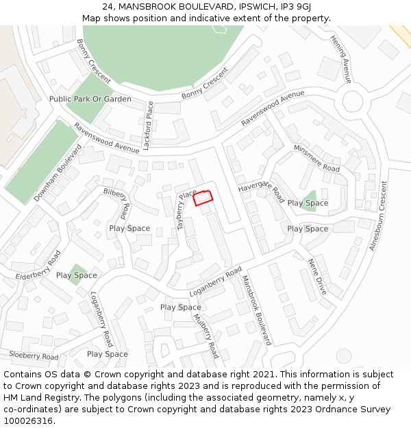 24, MANSBROOK BOULEVARD, IPSWICH, IP3 9GJ: Location map and indicative extent of plot