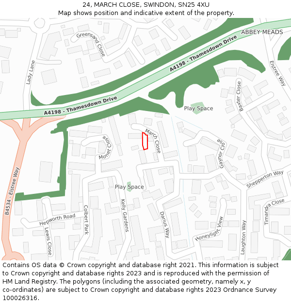 24, MARCH CLOSE, SWINDON, SN25 4XU: Location map and indicative extent of plot