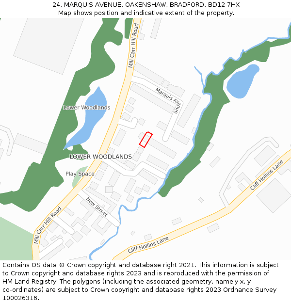 24, MARQUIS AVENUE, OAKENSHAW, BRADFORD, BD12 7HX: Location map and indicative extent of plot