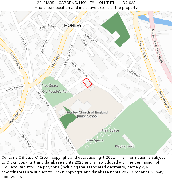 24, MARSH GARDENS, HONLEY, HOLMFIRTH, HD9 6AF: Location map and indicative extent of plot