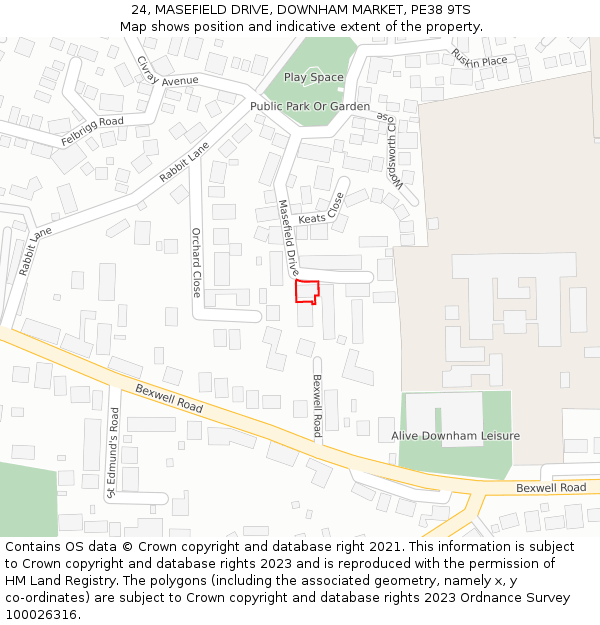 24, MASEFIELD DRIVE, DOWNHAM MARKET, PE38 9TS: Location map and indicative extent of plot