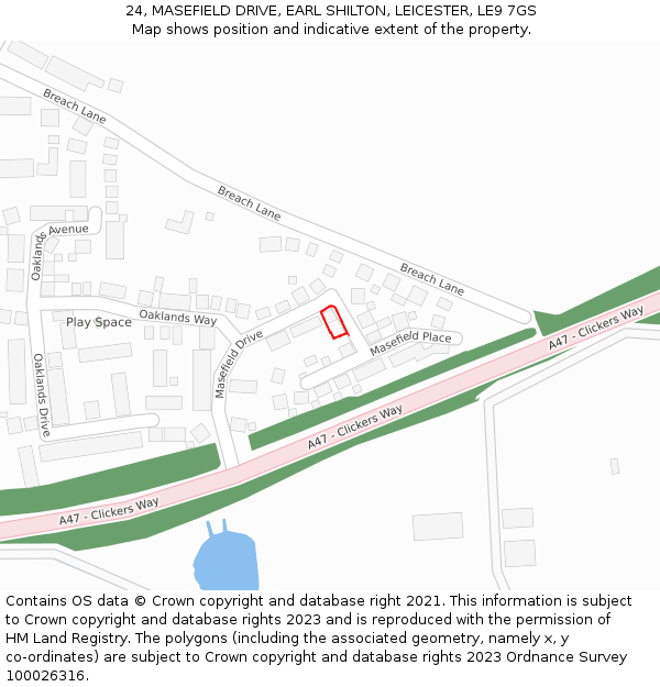 24, MASEFIELD DRIVE, EARL SHILTON, LEICESTER, LE9 7GS: Location map and indicative extent of plot