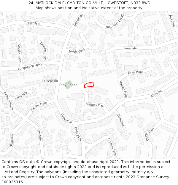 24, MATLOCK DALE, CARLTON COLVILLE, LOWESTOFT, NR33 8WD: Location map and indicative extent of plot