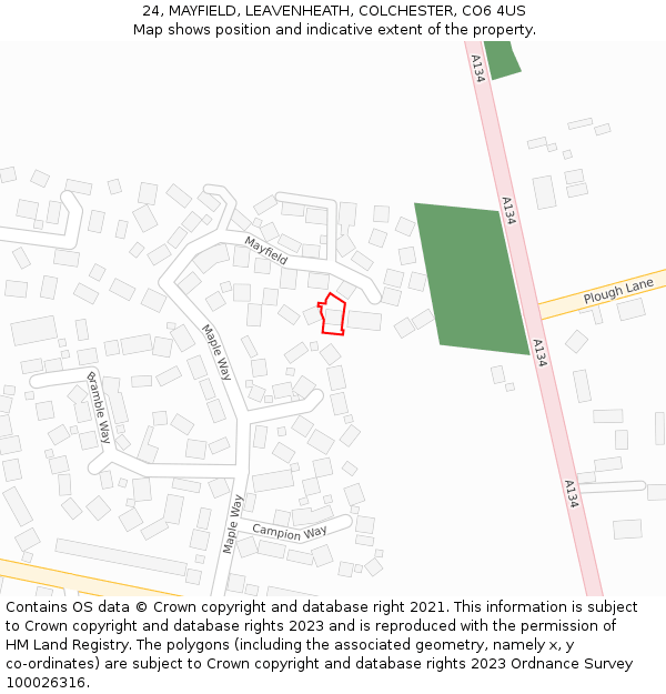 24, MAYFIELD, LEAVENHEATH, COLCHESTER, CO6 4US: Location map and indicative extent of plot