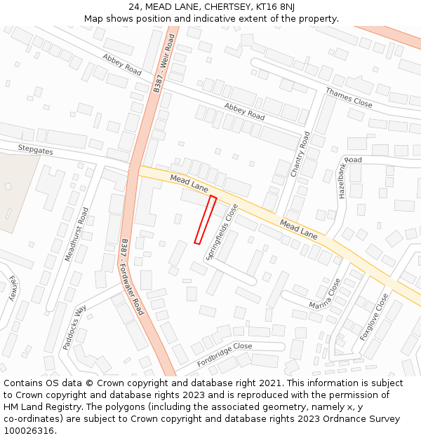 24, MEAD LANE, CHERTSEY, KT16 8NJ: Location map and indicative extent of plot