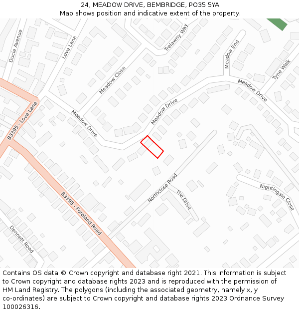 24, MEADOW DRIVE, BEMBRIDGE, PO35 5YA: Location map and indicative extent of plot