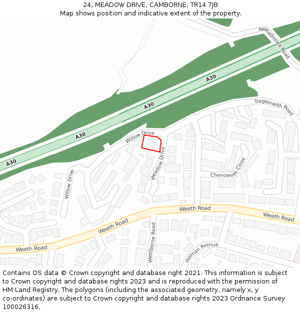 24, MEADOW DRIVE, CAMBORNE, TR14 7JB: Location map and indicative extent of plot