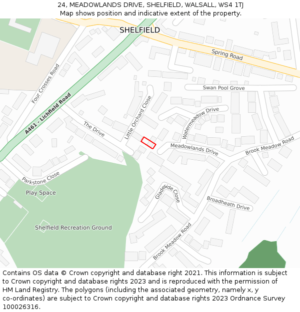 24, MEADOWLANDS DRIVE, SHELFIELD, WALSALL, WS4 1TJ: Location map and indicative extent of plot