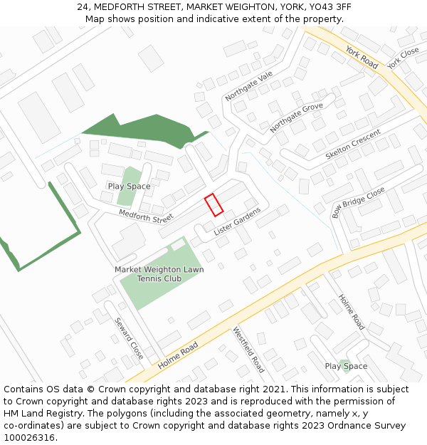 24, MEDFORTH STREET, MARKET WEIGHTON, YORK, YO43 3FF: Location map and indicative extent of plot