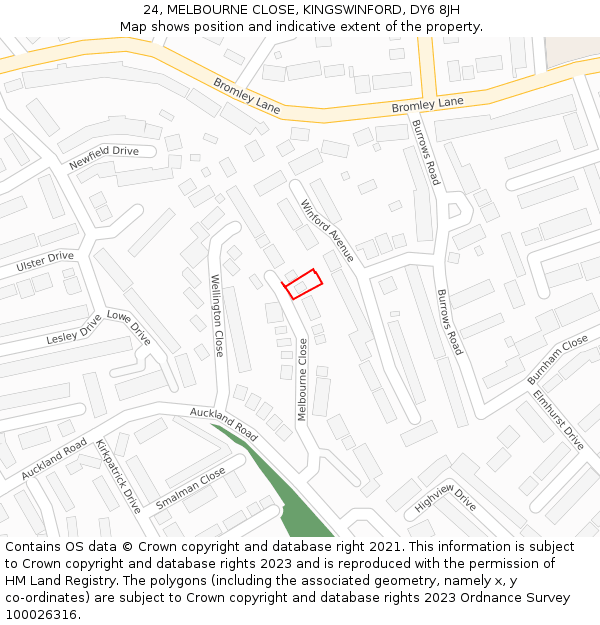 24, MELBOURNE CLOSE, KINGSWINFORD, DY6 8JH: Location map and indicative extent of plot