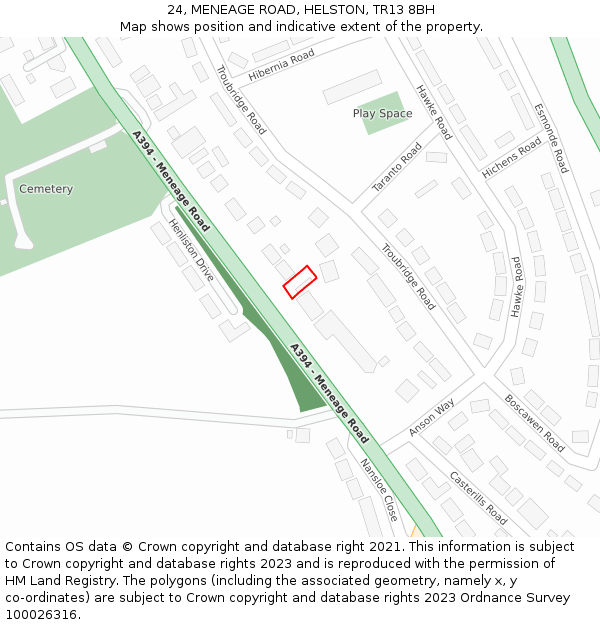 24, MENEAGE ROAD, HELSTON, TR13 8BH: Location map and indicative extent of plot