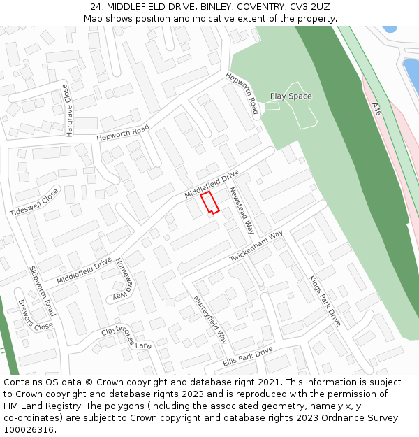 24, MIDDLEFIELD DRIVE, BINLEY, COVENTRY, CV3 2UZ: Location map and indicative extent of plot