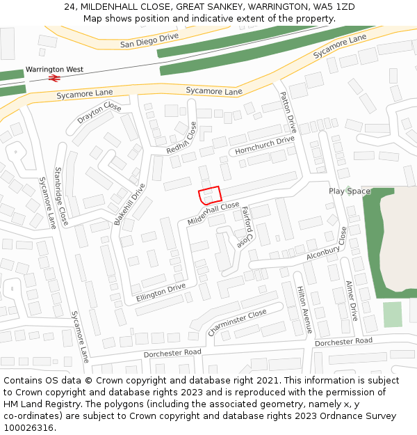 24, MILDENHALL CLOSE, GREAT SANKEY, WARRINGTON, WA5 1ZD: Location map and indicative extent of plot