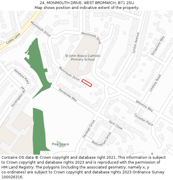 24, MONMOUTH DRIVE, WEST BROMWICH, B71 2SU: Location map and indicative extent of plot