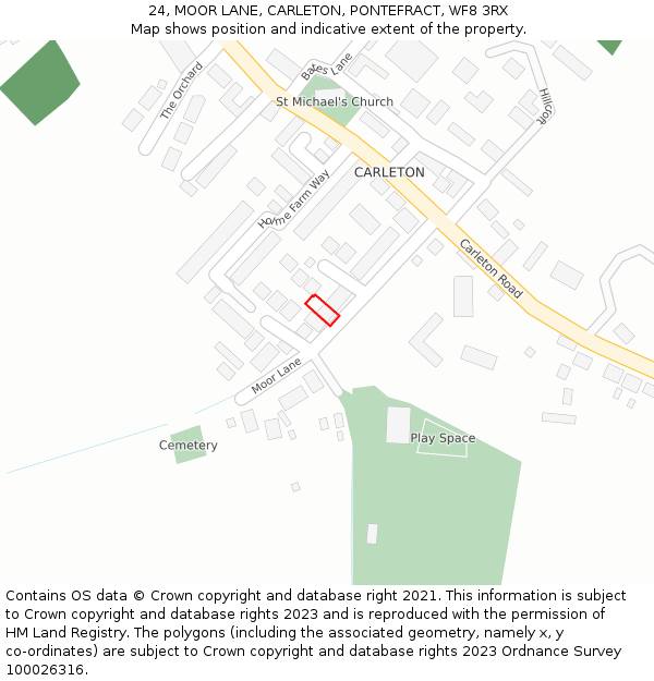 24, MOOR LANE, CARLETON, PONTEFRACT, WF8 3RX: Location map and indicative extent of plot