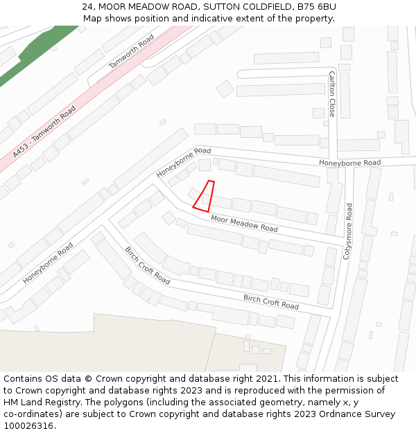24, MOOR MEADOW ROAD, SUTTON COLDFIELD, B75 6BU: Location map and indicative extent of plot