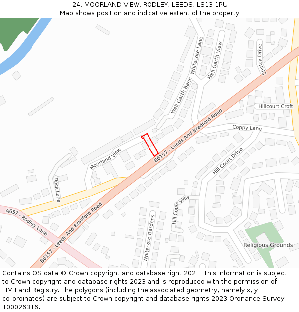 24, MOORLAND VIEW, RODLEY, LEEDS, LS13 1PU: Location map and indicative extent of plot