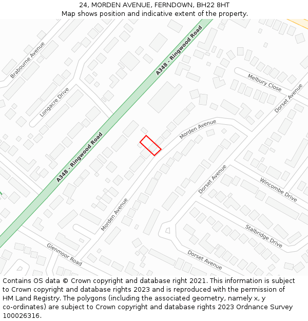 24, MORDEN AVENUE, FERNDOWN, BH22 8HT: Location map and indicative extent of plot