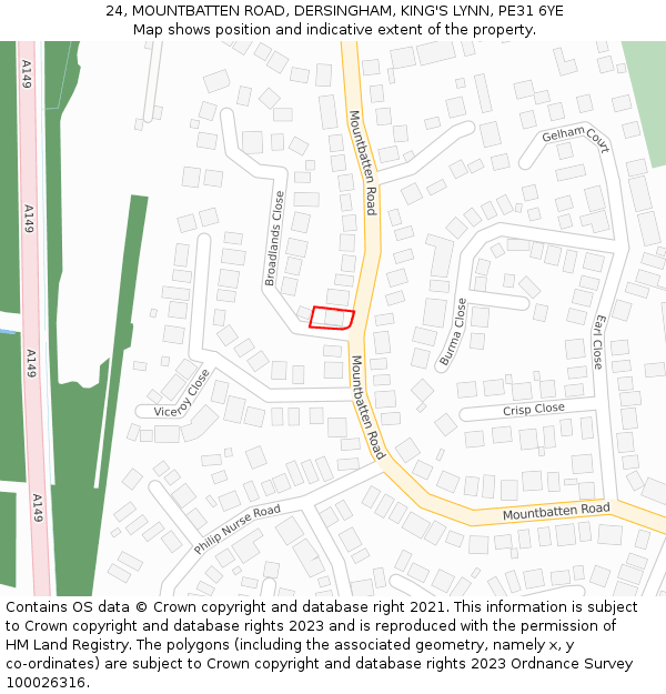 24, MOUNTBATTEN ROAD, DERSINGHAM, KING'S LYNN, PE31 6YE: Location map and indicative extent of plot