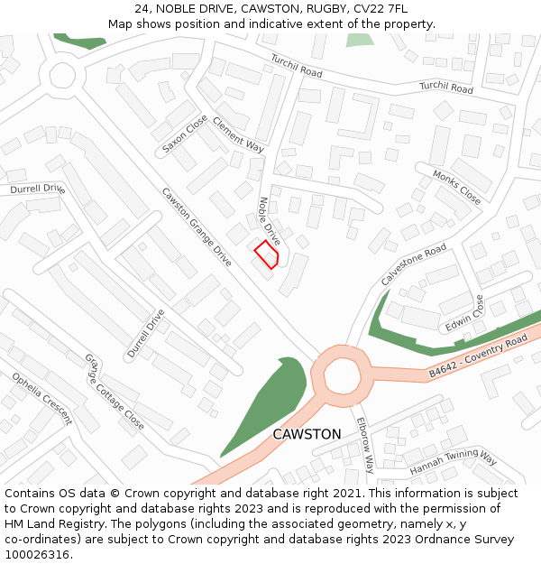 24, NOBLE DRIVE, CAWSTON, RUGBY, CV22 7FL: Location map and indicative extent of plot