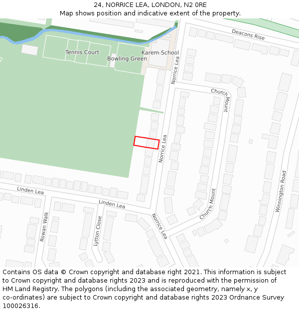 24, NORRICE LEA, LONDON, N2 0RE: Location map and indicative extent of plot